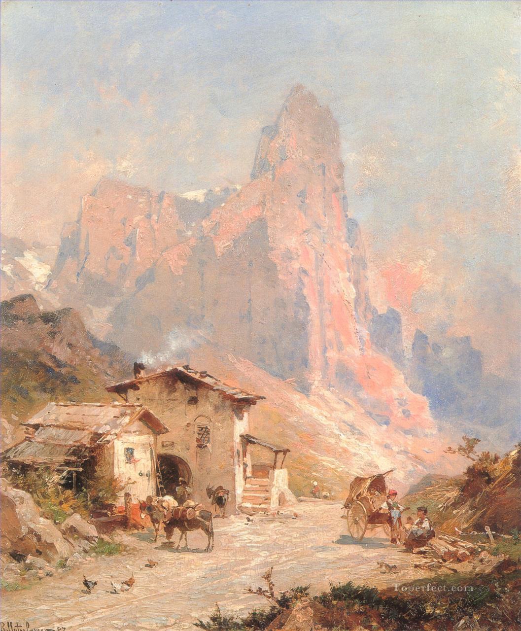 ドロミテの村の風景の人物たち フランツ・リヒャルト・ウンターベルガー油絵